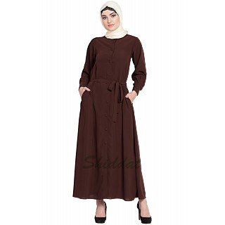 Front open casual abaya with belt- Brown